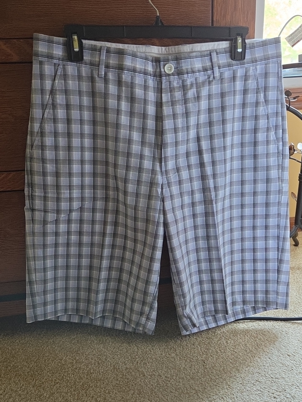 Men's Greg Norman Plaid Golf Shorts - Light Gray and Blue